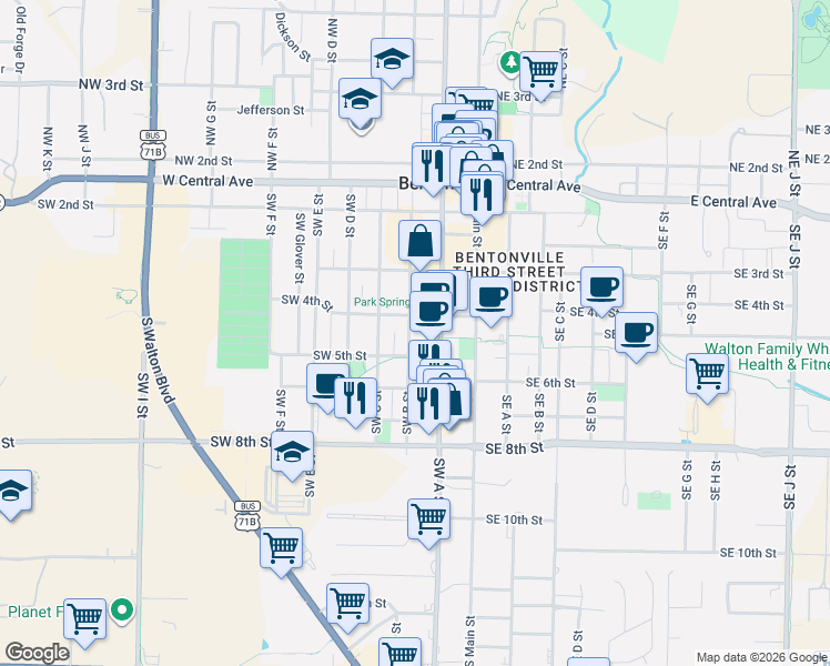 map of restaurants, bars, coffee shops, grocery stores, and more near 407 Southwest B Street in Bentonville