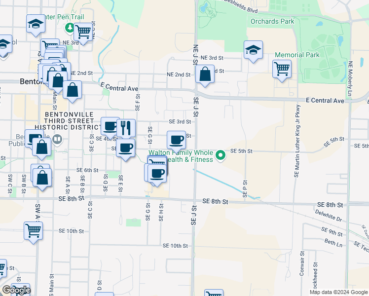 map of restaurants, bars, coffee shops, grocery stores, and more near 1012 Southeast 5th Street in Bentonville