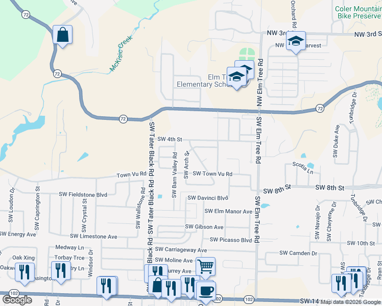 map of restaurants, bars, coffee shops, grocery stores, and more near 504 Southwest Milestone Road in Bentonville