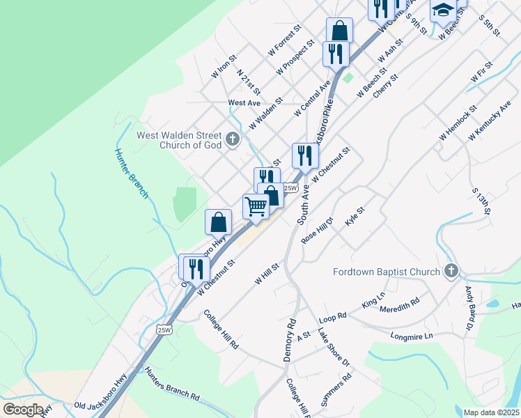 map of restaurants, bars, coffee shops, grocery stores, and more near 1208 Jacksboro Pike in LaFollette