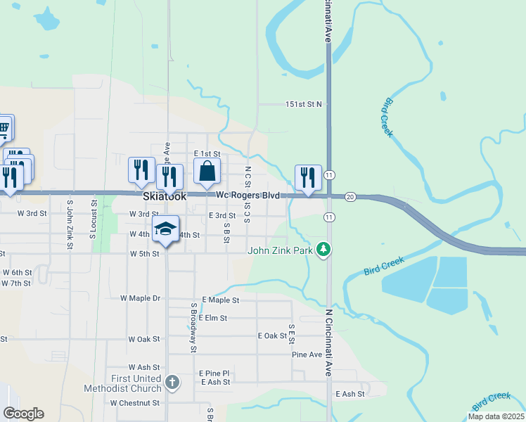 map of restaurants, bars, coffee shops, grocery stores, and more near 523 East 3rd Street in Skiatook