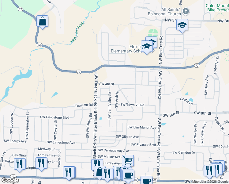 map of restaurants, bars, coffee shops, grocery stores, and more near 409 Southwest Barn Valley Road in Bentonville