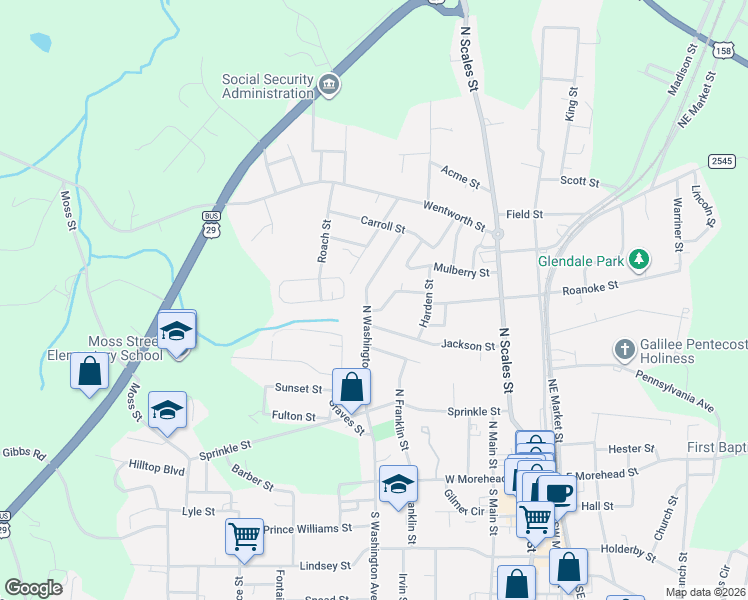 map of restaurants, bars, coffee shops, grocery stores, and more near 485 North Washington Avenue in Reidsville
