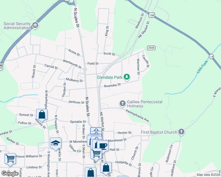 map of restaurants, bars, coffee shops, grocery stores, and more near 205 Roanoke Street in Reidsville