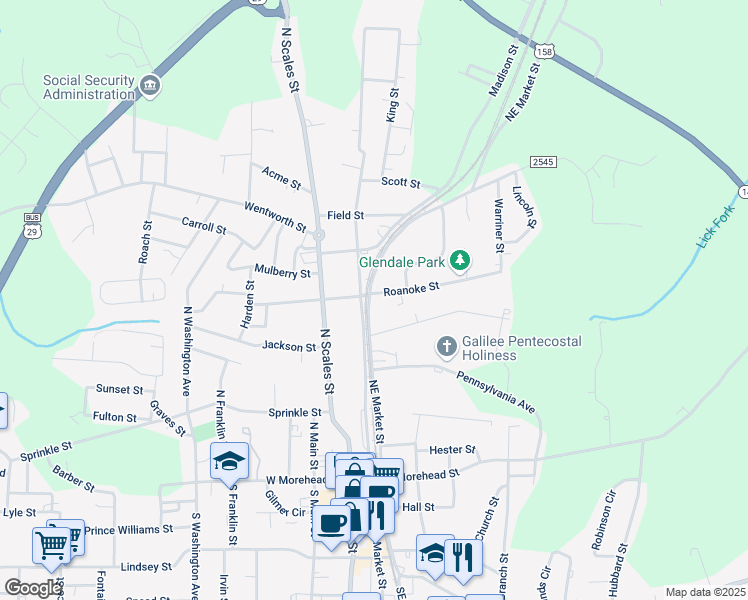 map of restaurants, bars, coffee shops, grocery stores, and more near 413 Northeast Market Street in Reidsville