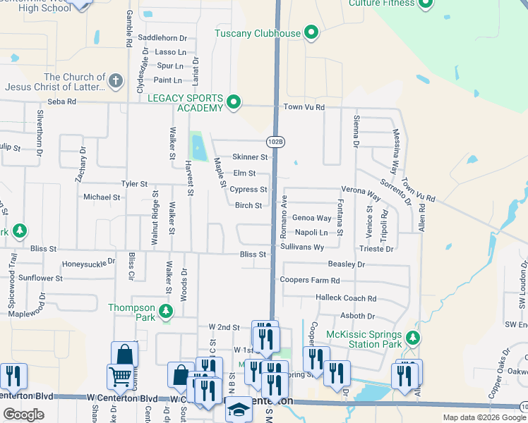 map of restaurants, bars, coffee shops, grocery stores, and more near 139 Fox Run Circle in Centerton