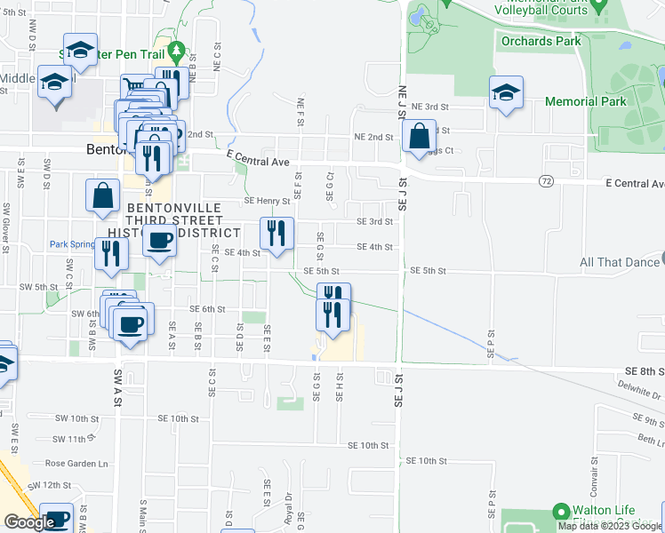 map of restaurants, bars, coffee shops, grocery stores, and more near 805 Southeast 5th Street in Bentonville