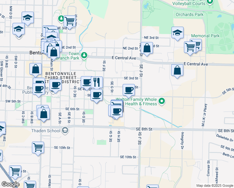 map of restaurants, bars, coffee shops, grocery stores, and more near 805 Southeast 5th Street in Bentonville