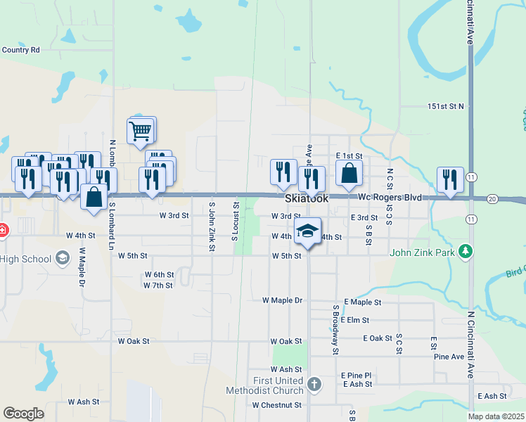 map of restaurants, bars, coffee shops, grocery stores, and more near Osage Praire Trail in Skiatook