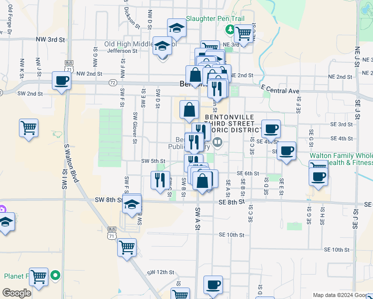 map of restaurants, bars, coffee shops, grocery stores, and more near 427 Southwest B Street in Bentonville