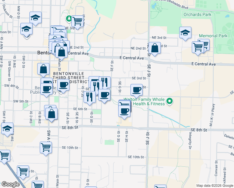 map of restaurants, bars, coffee shops, grocery stores, and more near 701 Southeast 5th Street in Bentonville