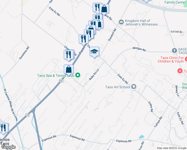 map of restaurants, bars, coffee shops, grocery stores, and more near Ruby Du Lane in Taos