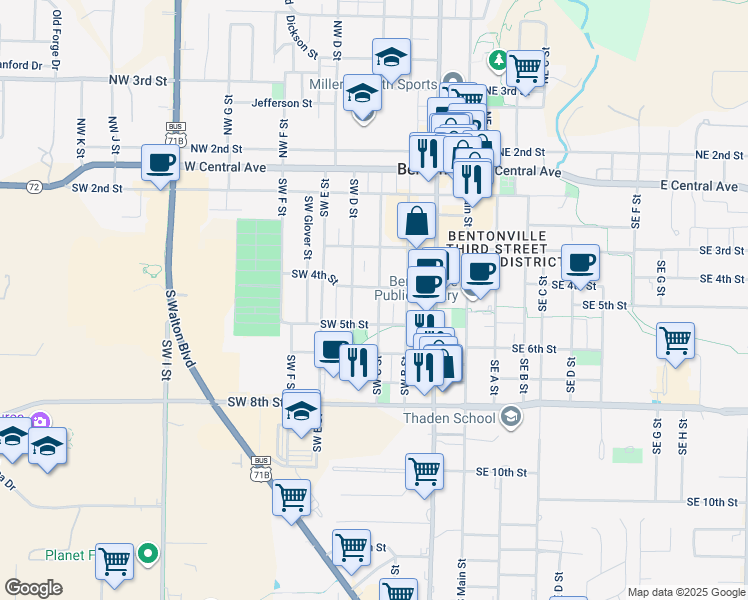 map of restaurants, bars, coffee shops, grocery stores, and more near 422 Southwest C Street in Bentonville