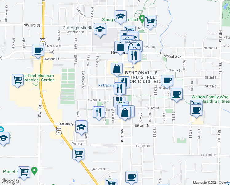 map of restaurants, bars, coffee shops, grocery stores, and more near 425 Southwest B Street in Bentonville