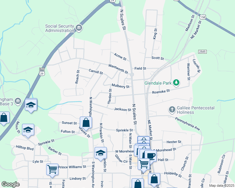 map of restaurants, bars, coffee shops, grocery stores, and more near 218 Carter Street in Reidsville