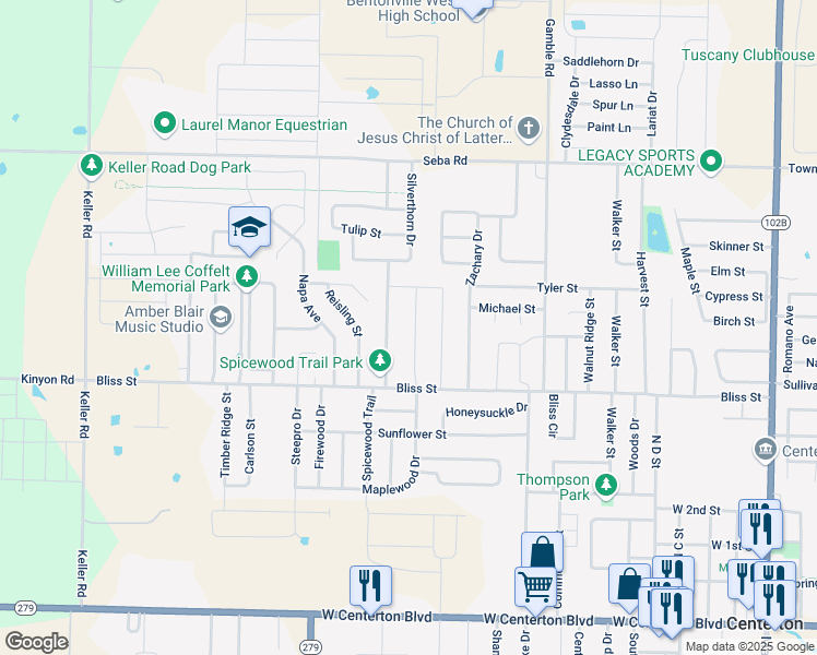 map of restaurants, bars, coffee shops, grocery stores, and more near 731 Maplewood Drive in Centerton