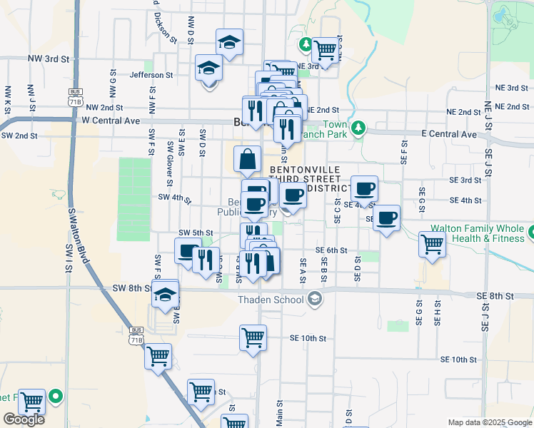 map of restaurants, bars, coffee shops, grocery stores, and more near 410 Southwest A Street in Bentonville