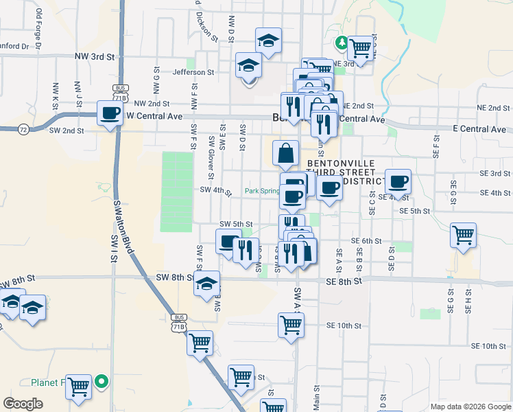 map of restaurants, bars, coffee shops, grocery stores, and more near 405 Southwest D Street in Bentonville