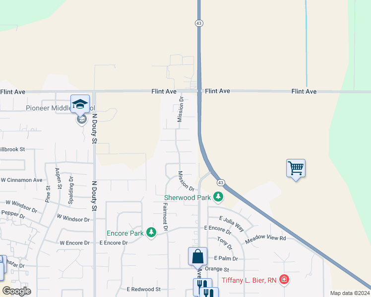 map of restaurants, bars, coffee shops, grocery stores, and more near 636 Clairmont Court in Hanford