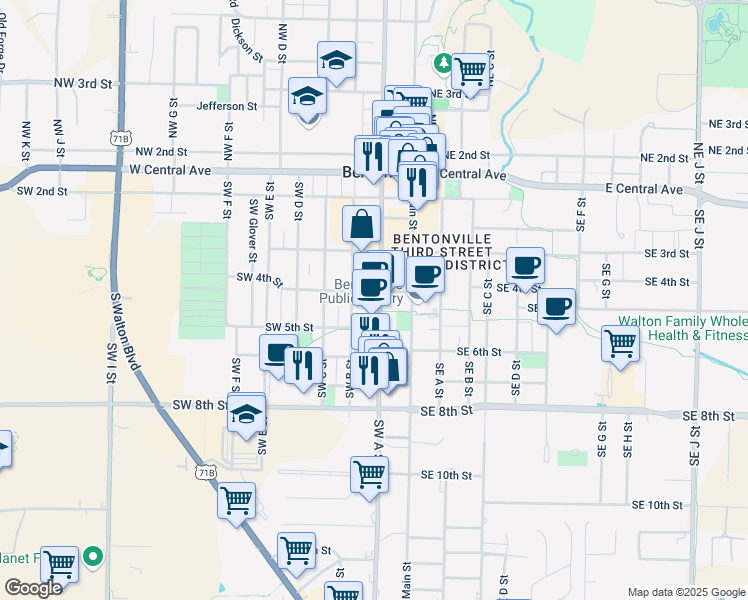 map of restaurants, bars, coffee shops, grocery stores, and more near 410 Southwest A Street in Bentonville