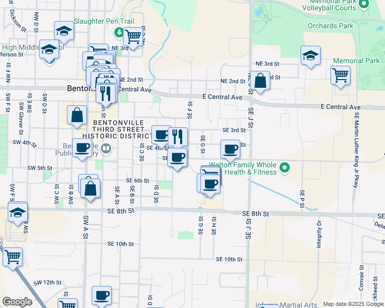 map of restaurants, bars, coffee shops, grocery stores, and more near 701 Southeast 5th Street in Bentonville