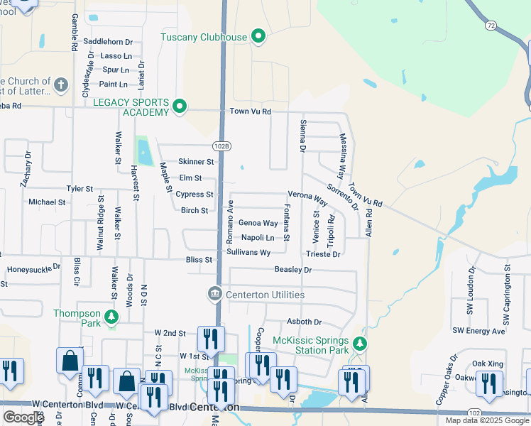map of restaurants, bars, coffee shops, grocery stores, and more near 211 Genoa Way in Centerton