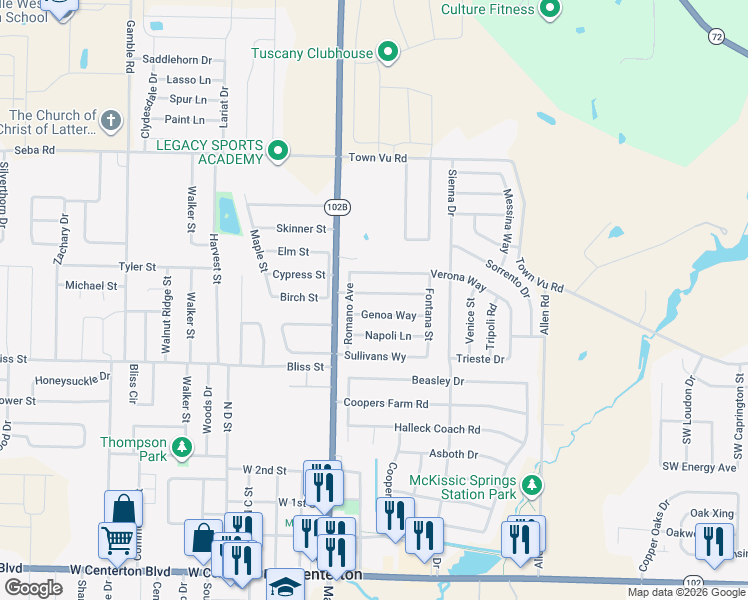map of restaurants, bars, coffee shops, grocery stores, and more near 150 Cisterna Drive in Centerton
