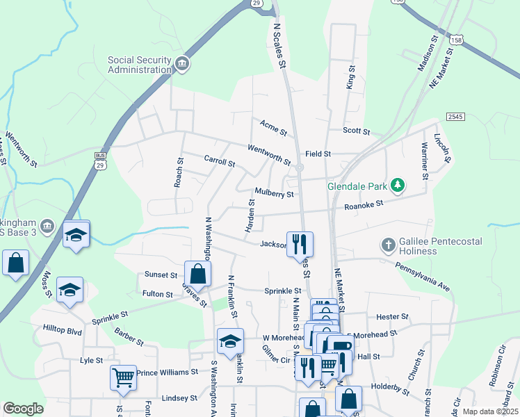 map of restaurants, bars, coffee shops, grocery stores, and more near 226 Carter Street in Reidsville