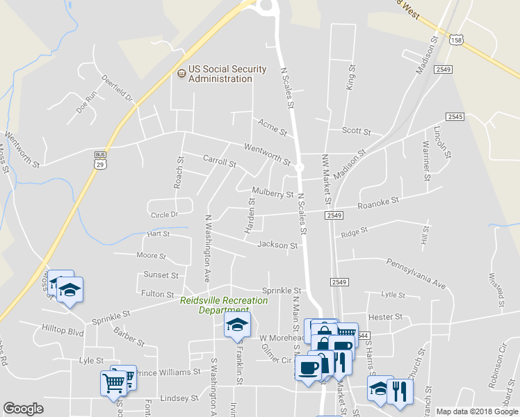 map of restaurants, bars, coffee shops, grocery stores, and more near 226 Carter Street in Reidsville