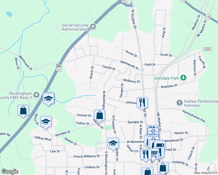 map of restaurants, bars, coffee shops, grocery stores, and more near 485 North Washington Avenue in Reidsville