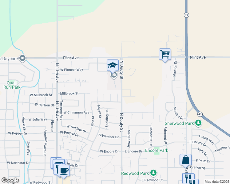 map of restaurants, bars, coffee shops, grocery stores, and more near 3179 Juniper Court in Hanford
