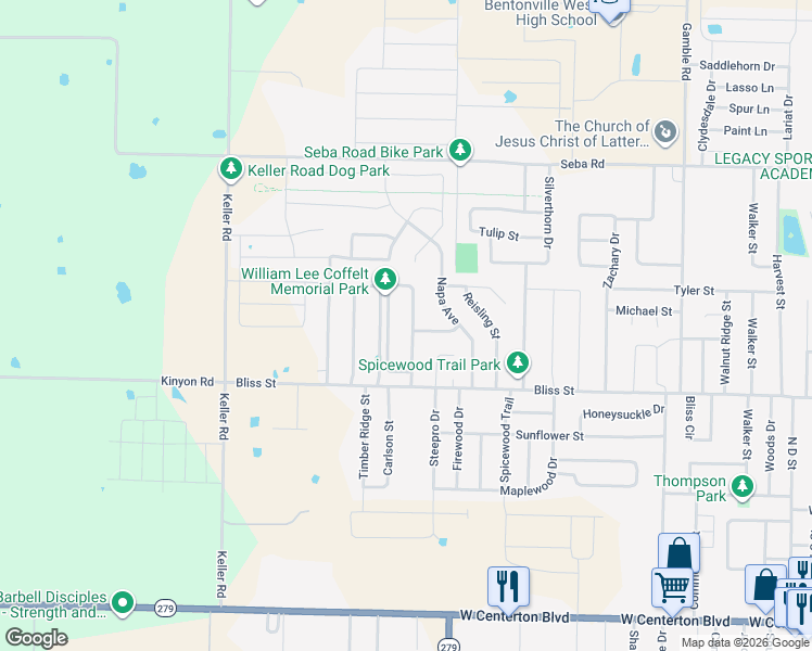 map of restaurants, bars, coffee shops, grocery stores, and more near 669 Olivia Lane in Centerton