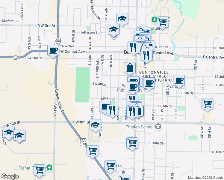 map of restaurants, bars, coffee shops, grocery stores, and more near 407 Southwest 4th Street in Bentonville