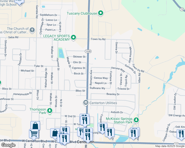 map of restaurants, bars, coffee shops, grocery stores, and more near 771 Romano Avenue in Centerton