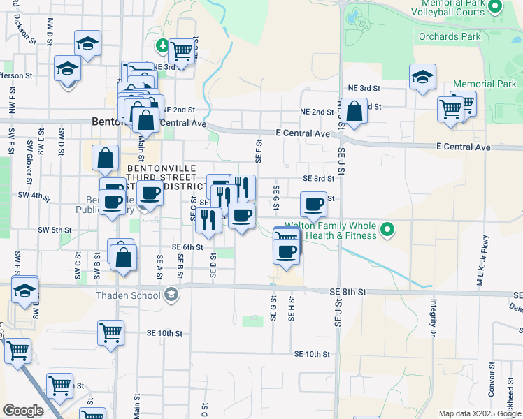map of restaurants, bars, coffee shops, grocery stores, and more near 701 Southeast 5th Street in Bentonville