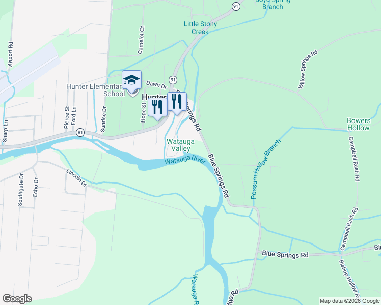 map of restaurants, bars, coffee shops, grocery stores, and more near 162 Blue Springs Road in Elizabethton