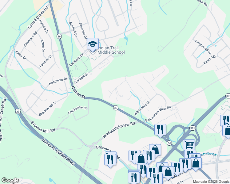map of restaurants, bars, coffee shops, grocery stores, and more near 2 Crosstimber Court in Johnson City