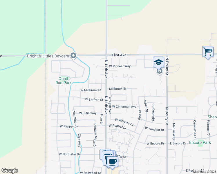 map of restaurants, bars, coffee shops, grocery stores, and more near 3182 Tarragon Avenue in Hanford