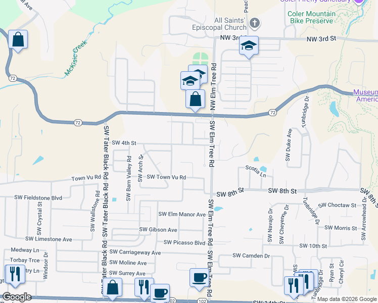 map of restaurants, bars, coffee shops, grocery stores, and more near 3504 Southwest Baybridge Cove in Bentonville