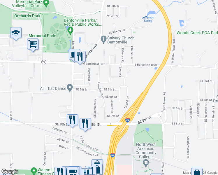 map of restaurants, bars, coffee shops, grocery stores, and more near 2709 Southeast 5th Street in Bentonville