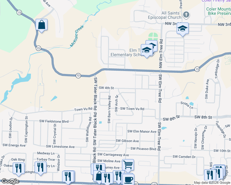 map of restaurants, bars, coffee shops, grocery stores, and more near 409 Southwest Barn Valley Road in Bentonville