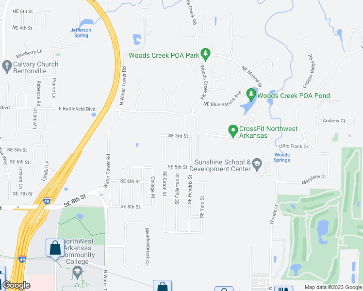 map of restaurants, bars, coffee shops, grocery stores, and more near 305 Southeast Fullerton Street in Bentonville
