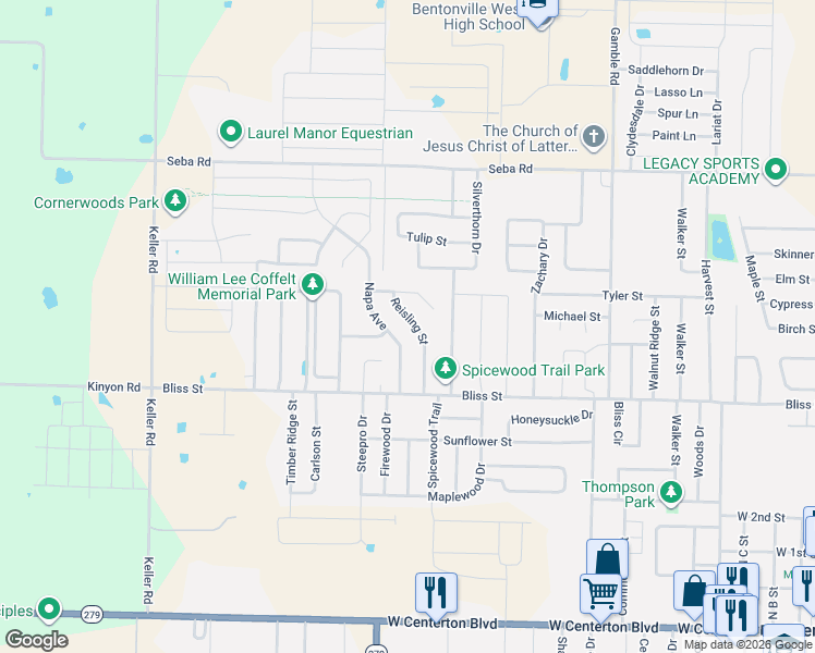 map of restaurants, bars, coffee shops, grocery stores, and more near 701 Napa Avenue in Centerton