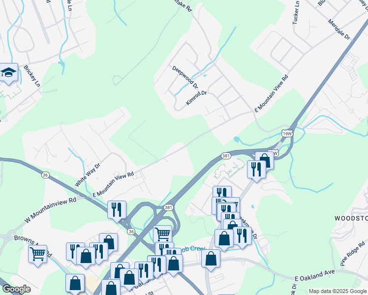 map of restaurants, bars, coffee shops, grocery stores, and more near 512 East Mountainview Road in Johnson City