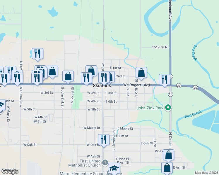 map of restaurants, bars, coffee shops, grocery stores, and more near 203 3rd Street in Skiatook
