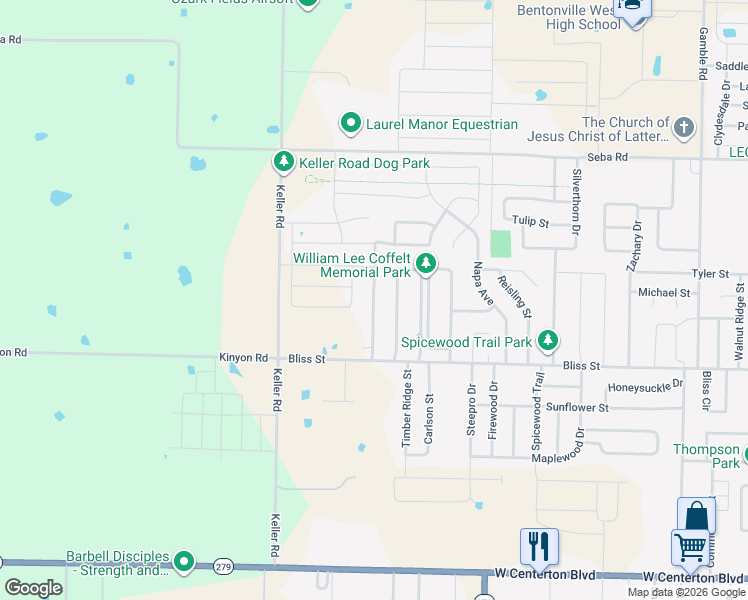 map of restaurants, bars, coffee shops, grocery stores, and more near Morningside Drive in Centerton