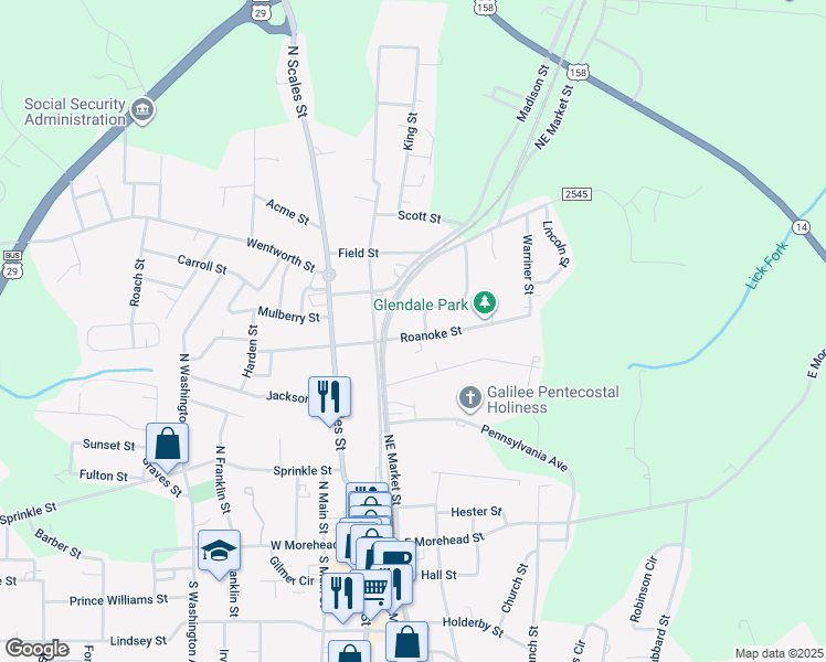 map of restaurants, bars, coffee shops, grocery stores, and more near 112 Roanoke Street in Reidsville