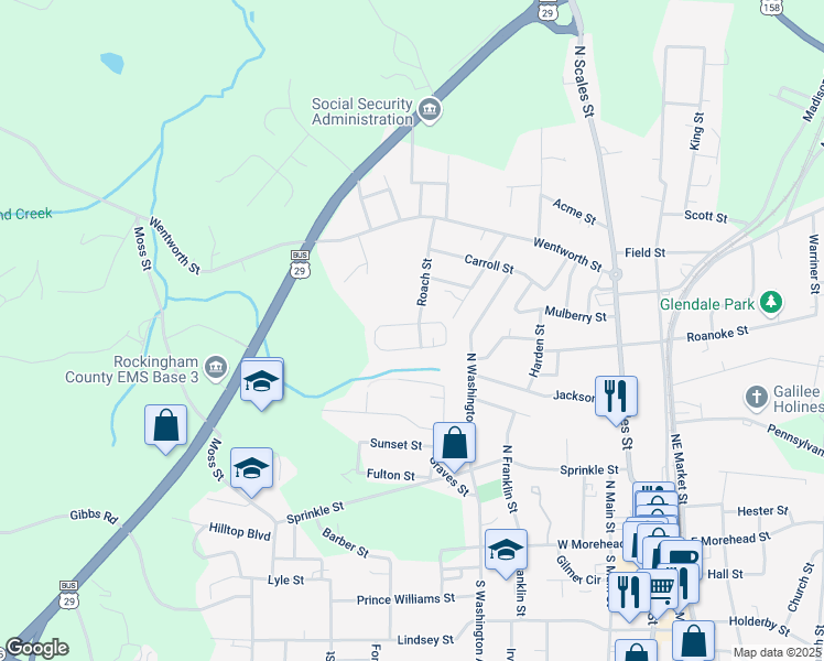 map of restaurants, bars, coffee shops, grocery stores, and more near 6 Circle Drive in Reidsville