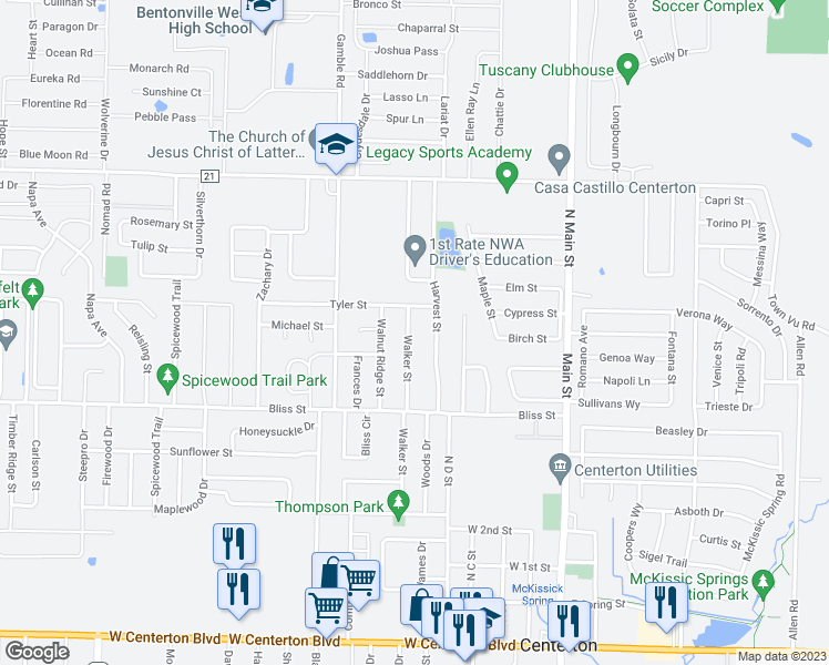 map of restaurants, bars, coffee shops, grocery stores, and more near 790 Walker Street in Centerton