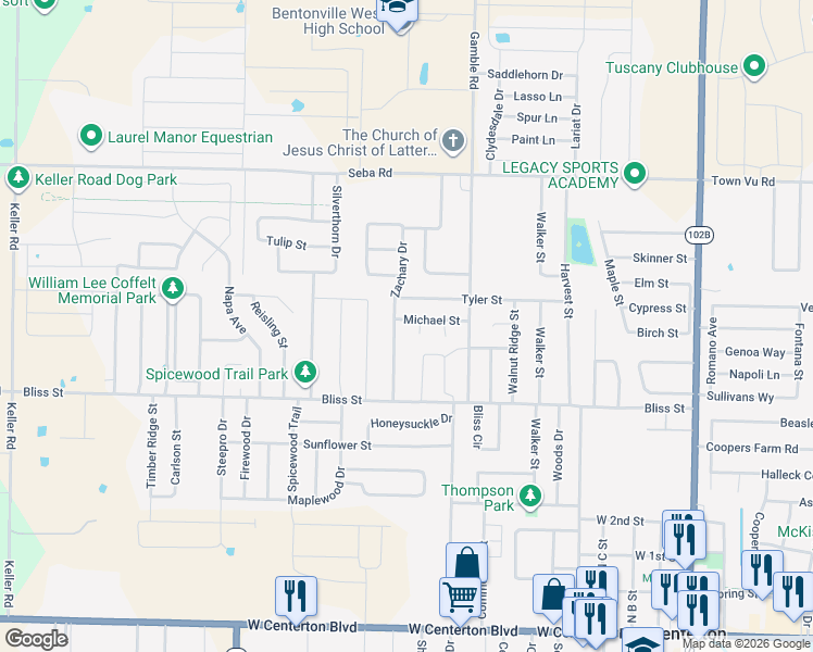 map of restaurants, bars, coffee shops, grocery stores, and more near 819 Tyler Street in Centerton